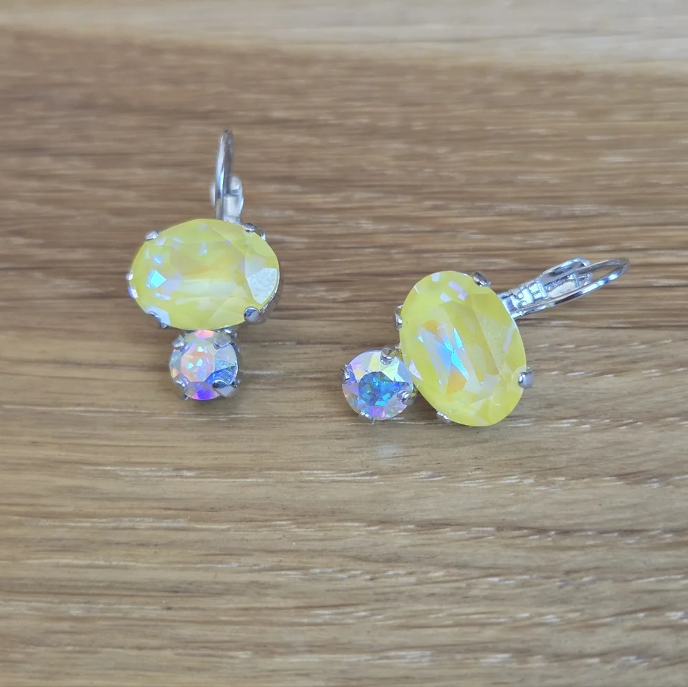 Silver Leverback Earrings with Yellow Sunshine Delite Crystals - Hand Crafted